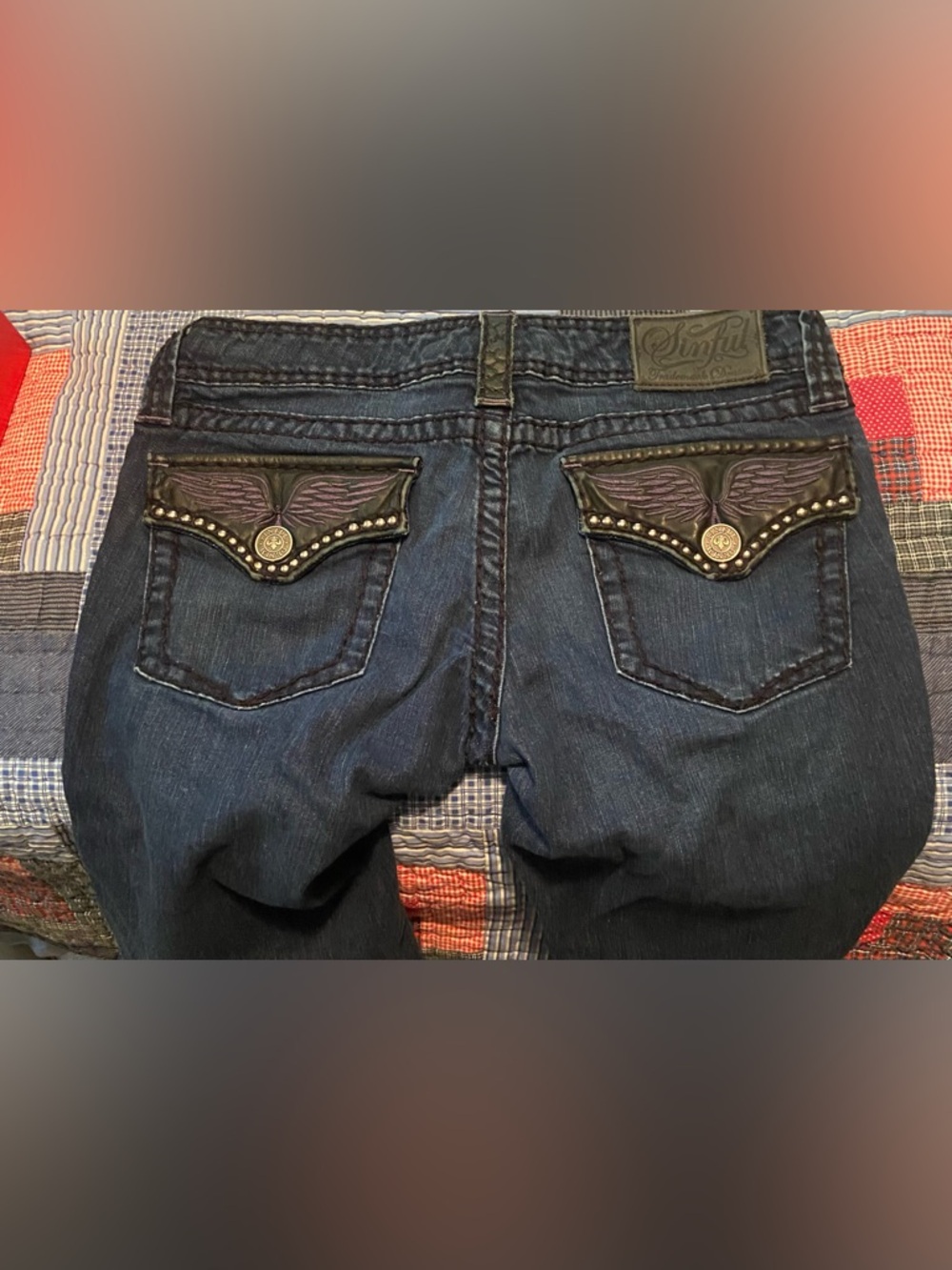 Sinful Womens Dark Blue Purple Angel wings Embellished Back-Pocket Jeans size 28